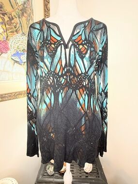 Alberto Makali Butterfly Print Top S Stretch Tunic Rhinestone Long Sleeve